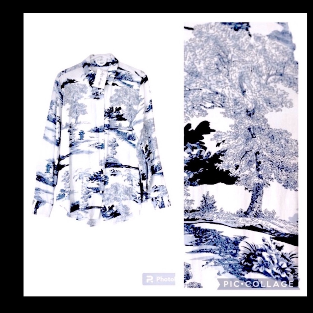 NWT 12th Tribe Shirt Button Down Blue and White Graphic of Trees